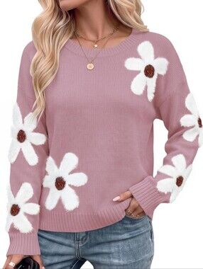 NEW Womens Oversized Flower Sweaters Cute Fall Winter Trendy Floral Pullover